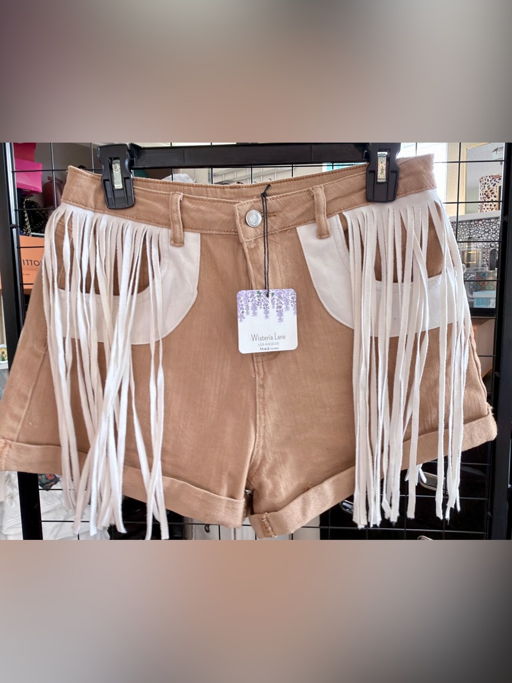 Wisteria Lane Tan Fringe Denim Shorts